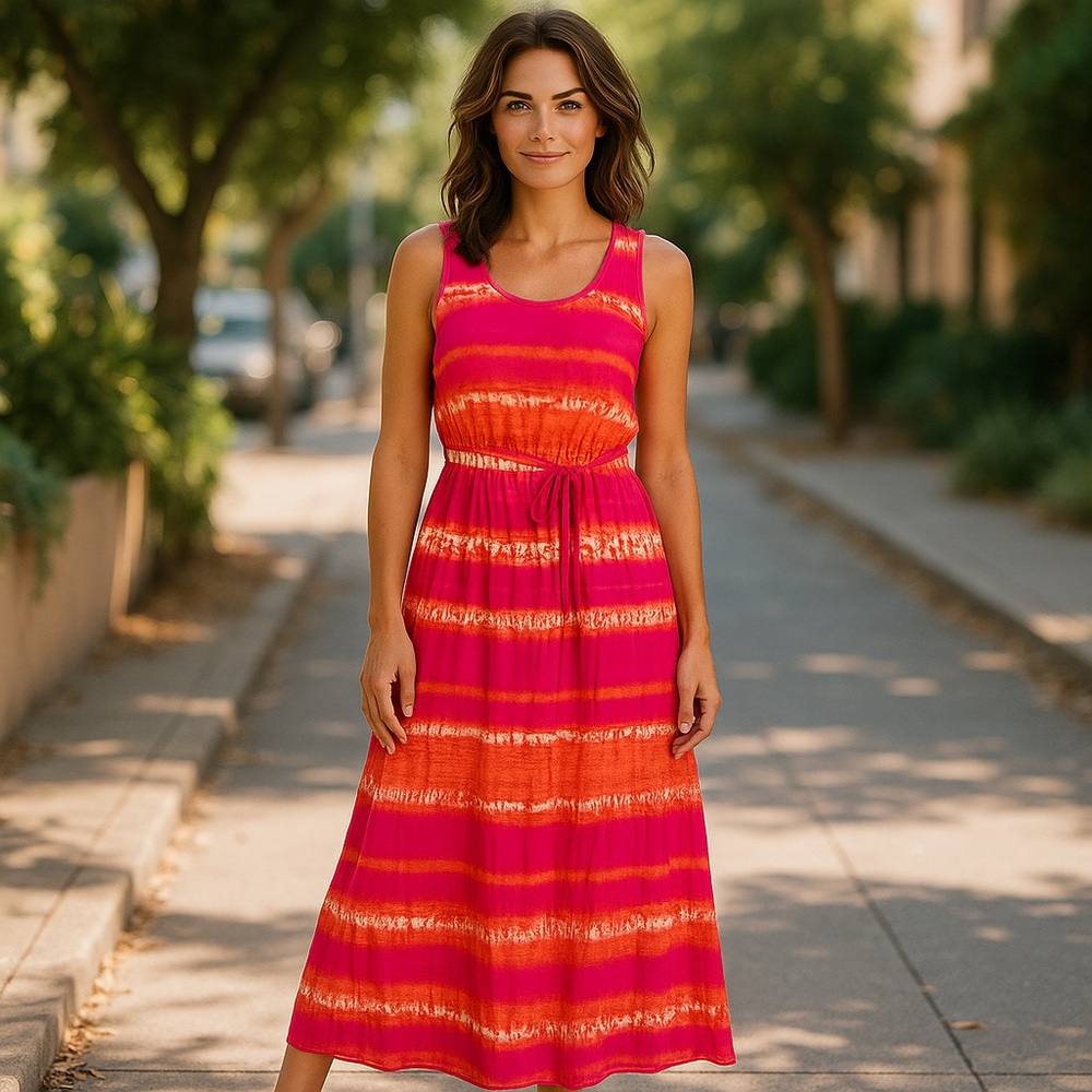 Cupio Pink Orange Tie Dye Maxi Dress Boho Size Medium